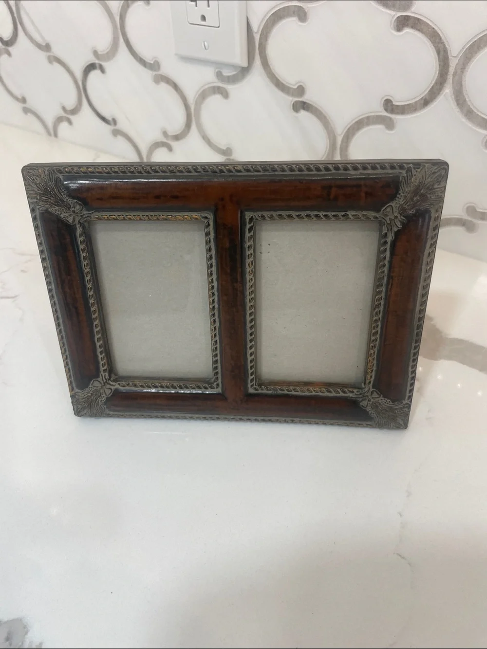 Double Photo Frame in Brown Wood and Silver Accent - Unbranded